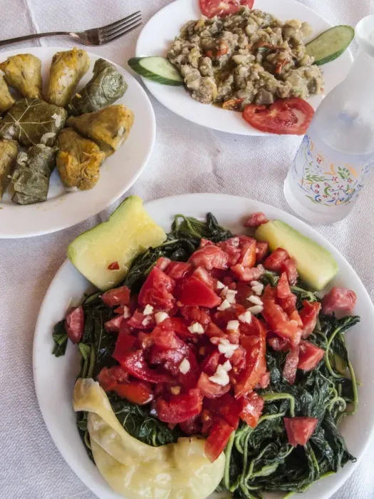 Framed Print : Greek Cuisine. Horta or Wild Greens, Courgettes with Rice, Stuffed Cabbage Leaves Dolma