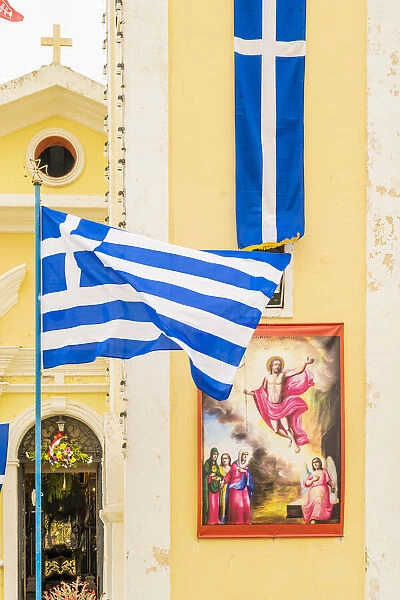 Greek flag and Zoodochos Pigi Holy Church, Zakynthos, Zante, Ionian Islands, Greece