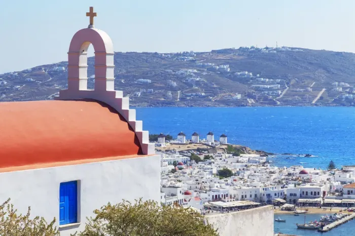 Framed Print : Greek orthodox chapel overlooking Mykonos Town, Mykonos, Cyclades Islands, Greece