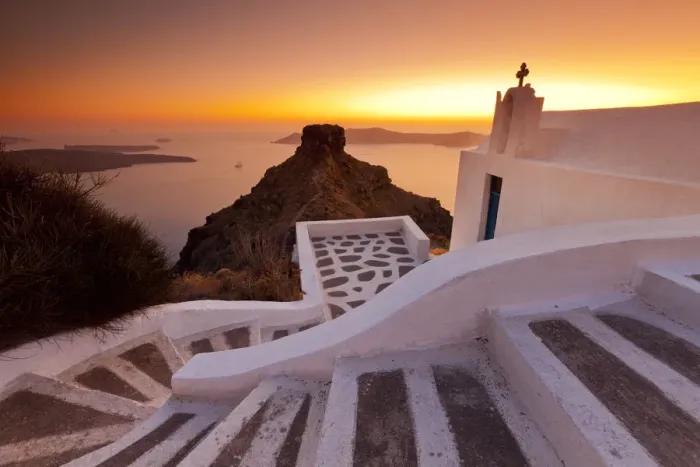 Framed Print : Greek Orthodox Chapel at Sunset, Firostefani, Santorini, Cyclade Islands, Greece