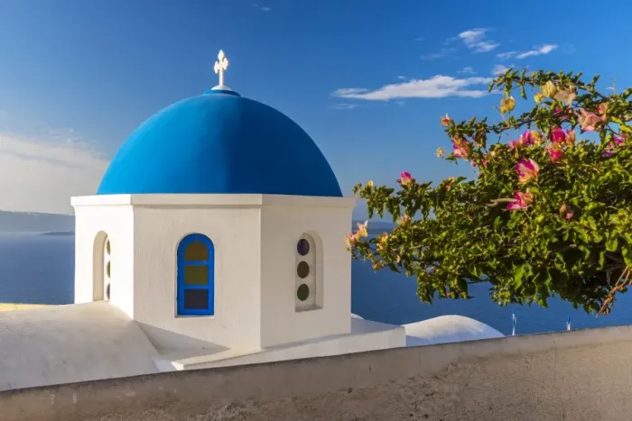 Framed Print : Greek orthodox church with blue dome, Oia, Santorini, South Aegean, Greece