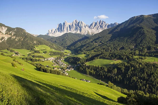 The green meadows of Funes valley, Dolomites, Bolzano, South Tyrol, Trentino Alto Adige
