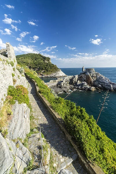 Green plants frame the old castle and church perched on the promontory Portovenere
