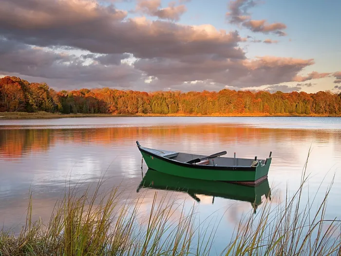 Framed Print : Green rowboat with reflection in autumn on Cape Cod, Eastham, Massachusetts, USA Framed Print : Green rowboat with reflection in autumn on Cape Cod, Eastham, Massachusetts, USA
