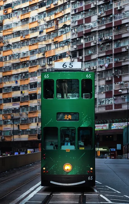 Framed Print : Green tram and Nam Tin building, North Point. Hong Kong, China Framed Print : Green tram and Nam Tin building, North Point. Hong Kong, China