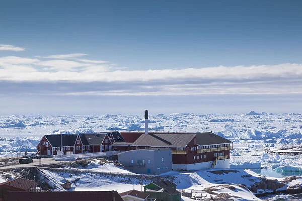 Greenland, Disko Bay, Ilulissat, elevated view with town hospital