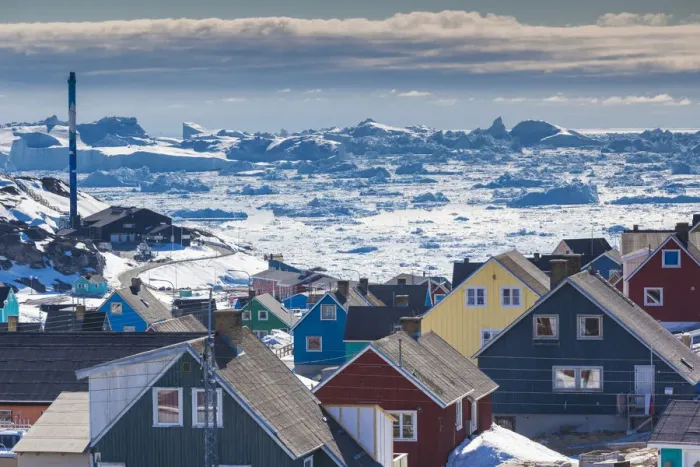 Framed Print : Greenland, Disko Bay, Ilulissat, elevated town view with floating ice Framed Print : Greenland, Disko Bay, Ilulissat, elevated town view with floating ice