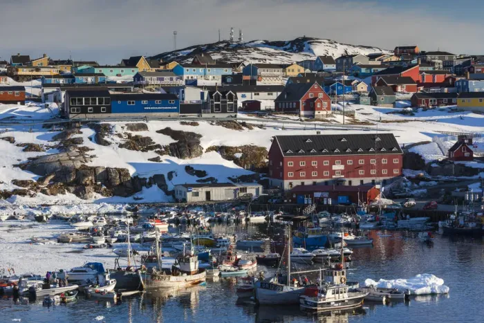 Framed Print : Greenland, Disko Bay, Ilulissat, town harbor, elevated view Framed Print : Greenland, Disko Bay, Ilulissat, town harbor, elevated view