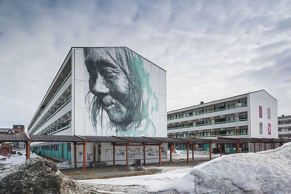 Greenland, Nuuk, city housing projects with Inuit art mural