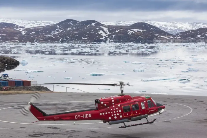 Framed Print : Greenland, Qaqortoq, airline helicopter and floating ice Framed Print : Greenland, Qaqortoq, airline helicopter and floating ice
