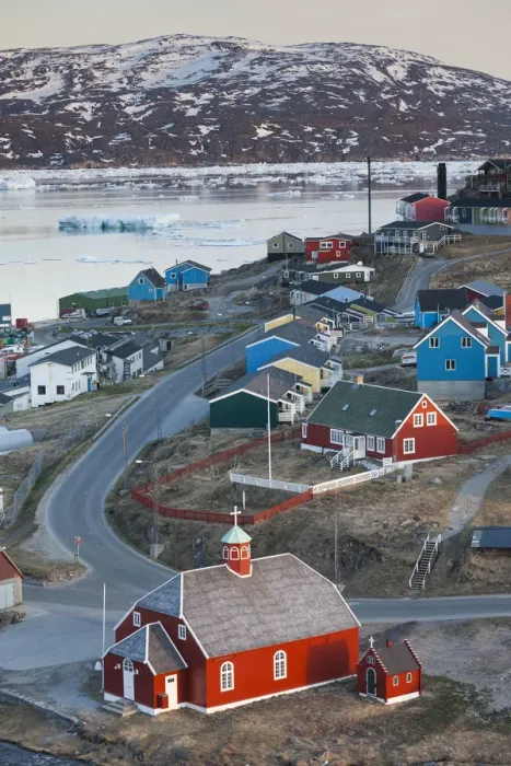 Framed Print : Greenland, Qaqortoq, Frelserens Kirke church, elevated view Framed Print : Greenland, Qaqortoq, Frelserens Kirke church, elevated view