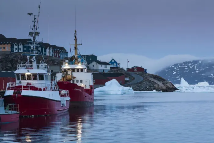 Framed Print : Greenland, Qaqortoq, town harbor, dusk