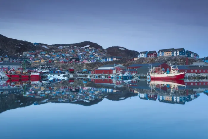 Framed Print : Greenland, Qaqortoq, town harbor, dusk Framed Print : Greenland, Qaqortoq, town harbor, dusk