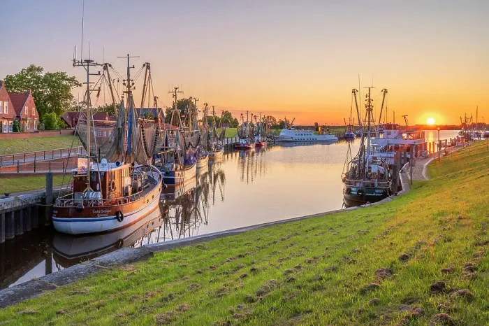 Framed Print : Greetsiel Harbor at sunrise, Krummhorn, East Frisia, Lower Saxony, Germany Framed Print : Greetsiel Harbor at sunrise, Krummhorn, East Frisia, Lower Saxony, Germany