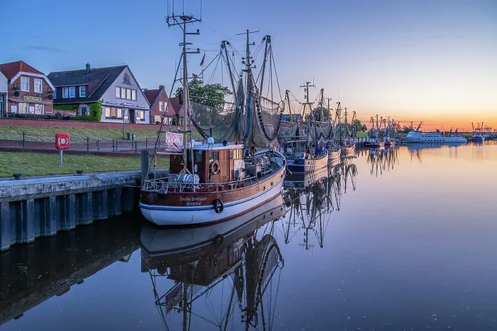 Framed Print : Greetsiel harbor before sunrise, Krummhorn, East Frisia, Lower Saxony, Germany Framed Print : Greetsiel harbor before sunrise, Krummhorn, East Frisia, Lower Saxony, Germany