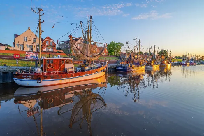 Framed Print : Greetsiel Harbor at sunrise, Krummhorn, East Frisia, Lower Saxony, Germany Framed Print : Greetsiel Harbor at sunrise, Krummhorn, East Frisia, Lower Saxony, Germany
