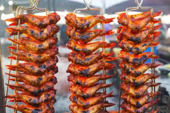 Framed Print : Grilling chicken wings, Night food market, Kota Kinabalu, Sabah, Borneo, Malaysia