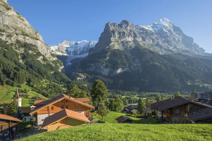 Framed Print : Grindelwald with Fiescherhorn and Eiger, Berner Oberland, Canton Berne, Switzerland