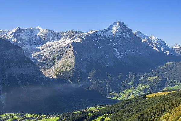 Grindelwald with Fiescherhorn and Eiger, Berner Oberland, Canton Berne, Switzerland