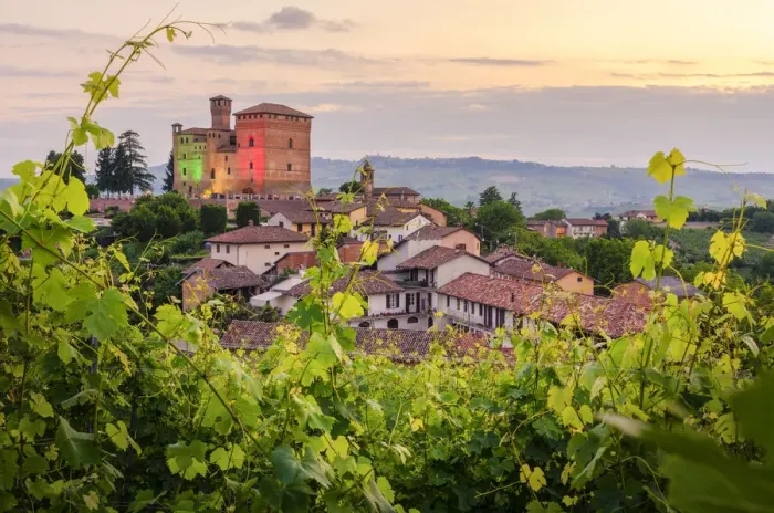 Framed Print : Grinzane Cavour Castle through the vineyards coloured with the italian flag Framed Print : Grinzane Cavour Castle through the vineyards coloured with the italian flag