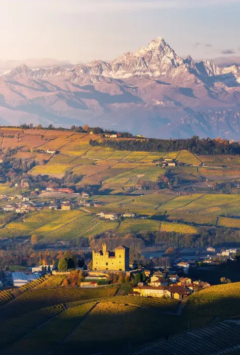 Framed Print : Grinzane Cavour and Monviso at sunrise during autumn, Cuneo, Langhe and Roero, Piedmont, Italy, Southern Europe