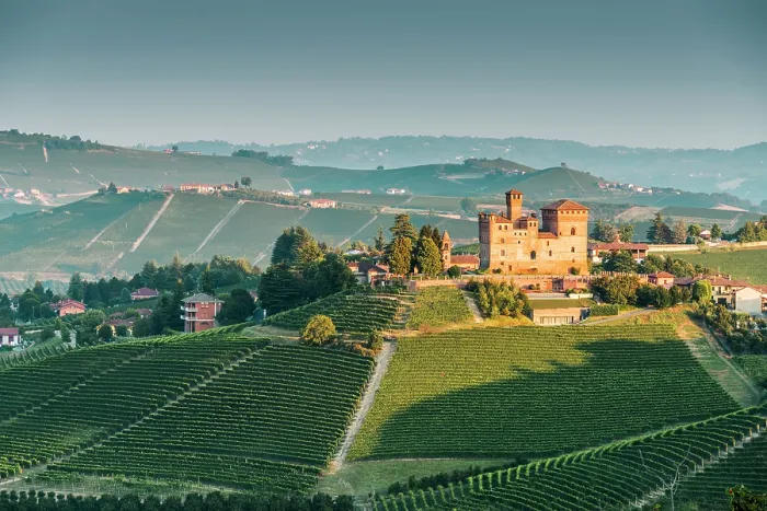 Framed Print : Grinzane Cavour village at sunrise. Langhe region, Cuneo province, Piedmont, Italy