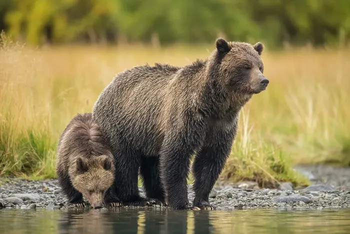 Framed Print : Grizzly bear (Ursus arctos)- Mother and first year cub hunting sockeye salmon spawning in the Chilko River, Chilcotin Wilderness, BC Interior, Canada Framed Print : Grizzly bear (Ursus arctos)- Mother and first year cub hunting sockeye salmon spawning in the Chilko River, Chilcotin Wilderness, BC Interior, Canada