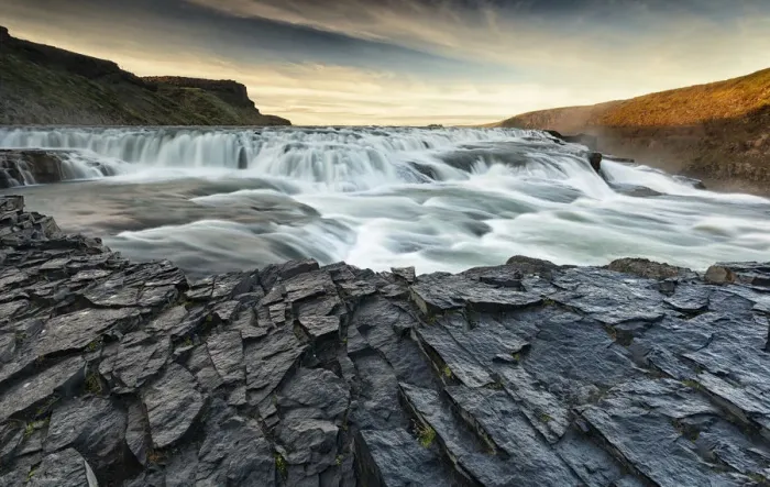 Framed Print : Gullfoss waterfall at sunset, Landmannalaugar, South Iceland, Iceland