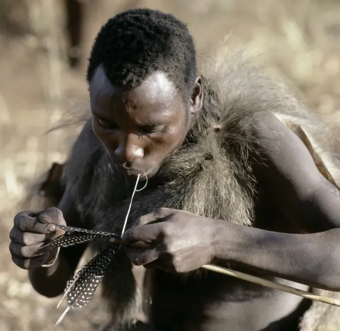 Framed Print : A Hadza hunter fledges an arrow shaft Framed Print : A Hadza hunter fledges an arrow shaft