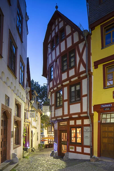 Half-timbered buildings in Fischmarkt at dusk, Limburg, Hesse, Germany