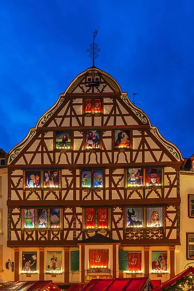 Half-timbered house with Advent calendar decoration, Bernkastel-Kues, Rhineland-Palatinate