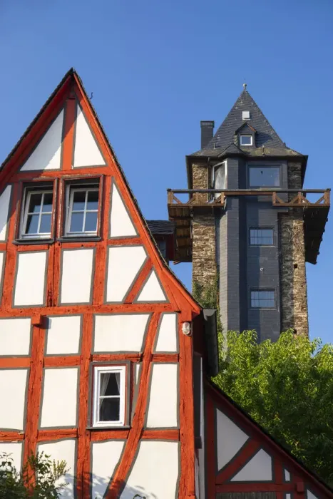 Framed Print : Half-timbered house and tower of old city walls, Oberwesel, Rhineland-Palatinate, Germany Framed Print : Half-timbered house and tower of old city walls, Oberwesel, Rhineland-Palatinate, Germany