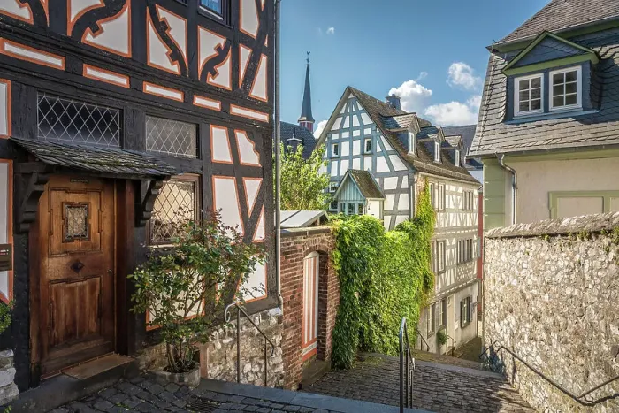 Framed Print : Half-timbered houses at the cathedral steps, Limburg, Lahn valley, Hesse, Germany Framed Print : Half-timbered houses at the cathedral steps, Limburg, Lahn valley, Hesse, Germany