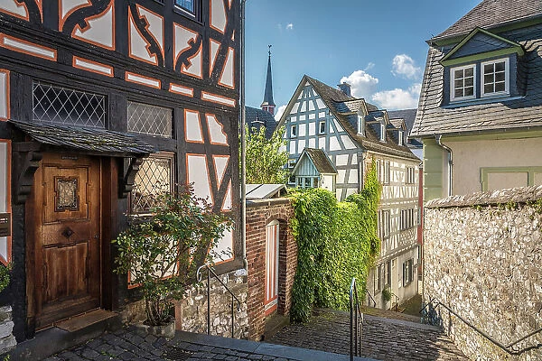 Half-timbered houses at the cathedral steps, Limburg, Lahn valley, Hesse, Germany