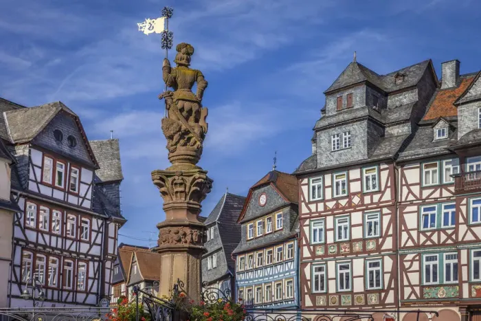 Framed Print : Half-timbered houses and fountains at Katharinenmarkt in Butzbach, Wetterau, Hesse