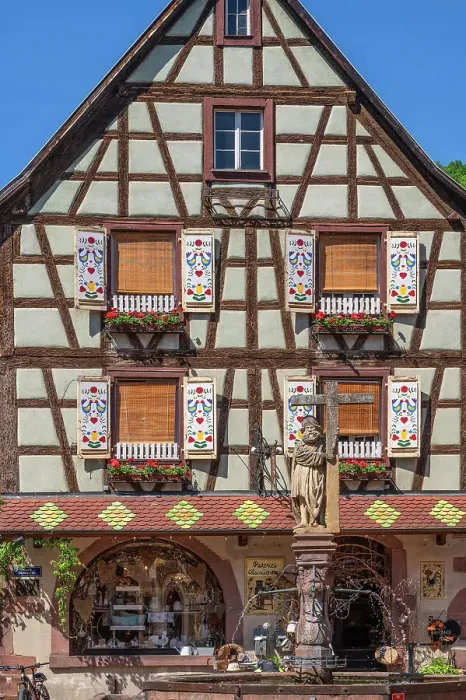 Framed Print : Half-timbered houses at Kaysersberg, Haut-Rhin, Alsace, Alsace-Champagne-Ardenne-Lorraine, Grand Est, France