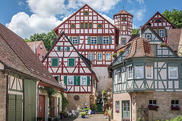 Half-timbered houses and Romschloessle in Creglingen, Romantic Road, Taubertal, Baden-Wurttemberg, Germany