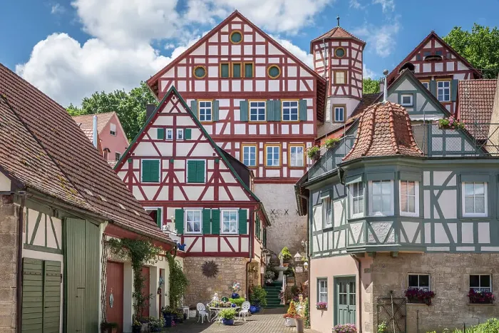 Framed Print : Half-timbered houses and Romschloessle in Creglingen, Romantic Road, Taubertal, Baden-Wurttemberg, Germany Framed Print : Half-timbered houses and Romschloessle in Creglingen, Romantic Road, Taubertal, Baden-Wurttemberg, Germany