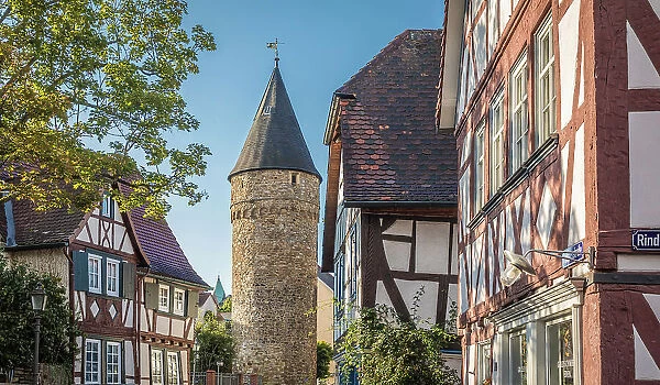 Half-timbered houses and witch tower in the old town of Bad Homburg vor der Hohe, Taunus, Hesse, Germany