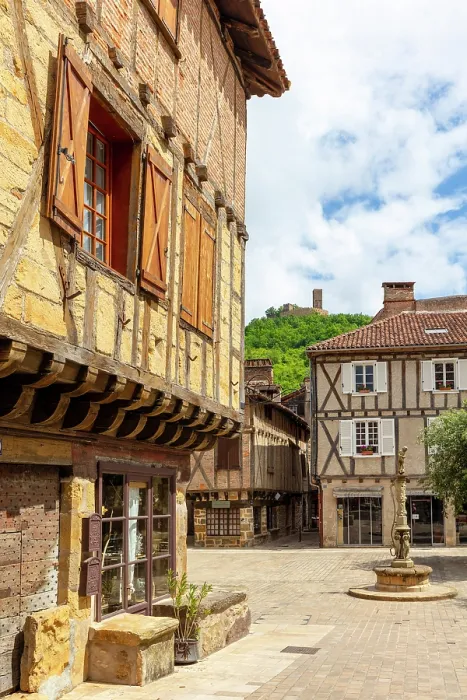 Framed Print : Half-timbered medieval houses, Mercadial Square, Saint Cere, Lot, Occitanie, France
