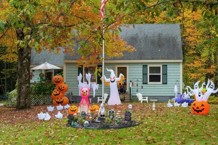 Framed Print : Halloween display outside house, Maine, New England, USA Framed Print : Halloween display outside house, Maine, New England, USA