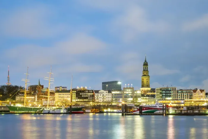 Framed Print : Hamburg skyline along Elbe River at night, Hamburg, Germany, Europe Framed Print : Hamburg skyline along Elbe River at night, Hamburg, Germany, Europe