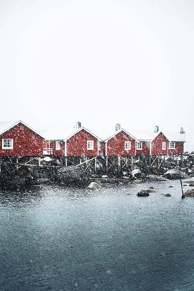 Hamnoy village with snowflakes, Reine Bay, Lofoten Islands, Nordland, Norway