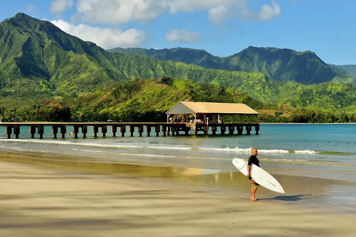 Framed Print : Hanalei Bay with Pier, Surfer Kauai, Hawaii, USA Framed Print : Hanalei Bay with Pier, Surfer Kauai, Hawaii, USA