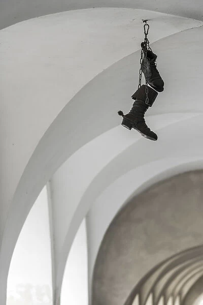Hanging shoes decoration by Restaurace U Sevce Matouse, Prague, Bohemia, Czech Republic