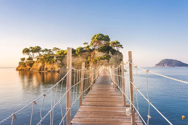 Hanging wooden bridge over the sea leading to Cameo Island, Agios Sostis, Zakynthos