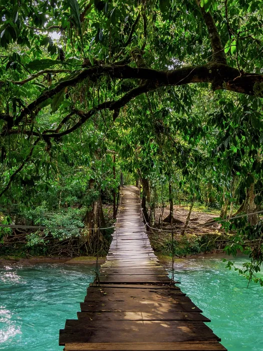Framed Print : Hanging wooden bridge over Xanil River, Arroyo Agua Azul, Chiapas State, Mexico