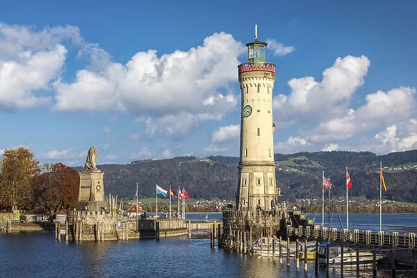 Harbor with Bavarian lion and lighthouse, Lindau on Lake Constance, Swabia, Bavaria