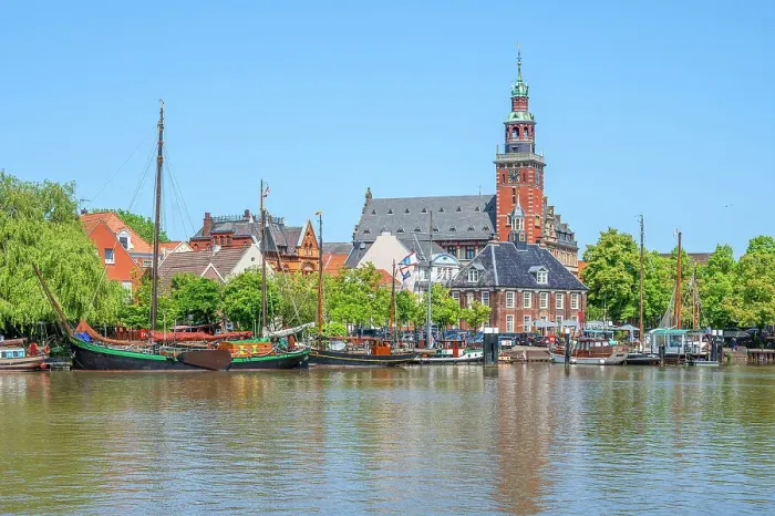 Framed Print : Harbor of Leer with city hall and river Leda, East Frisia, Lower Saxony, Germany Framed Print : Harbor of Leer with city hall and river Leda, East Frisia, Lower Saxony, Germany