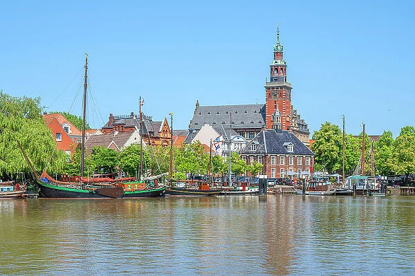 Harbor of Leer with city hall and river Leda, East Frisia, Lower Saxony, Germany